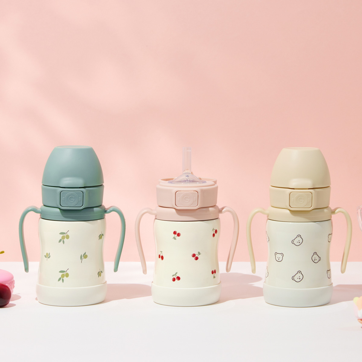 그로미미 원터치 스테인리스 200ml 빨대컵 돗꼼/체리쉬/올리브 택 1