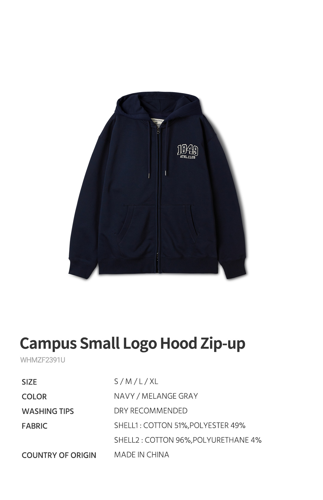 Campus Small Logo Hood Zip-up / WHMZF2391U 상세 이미지 2
