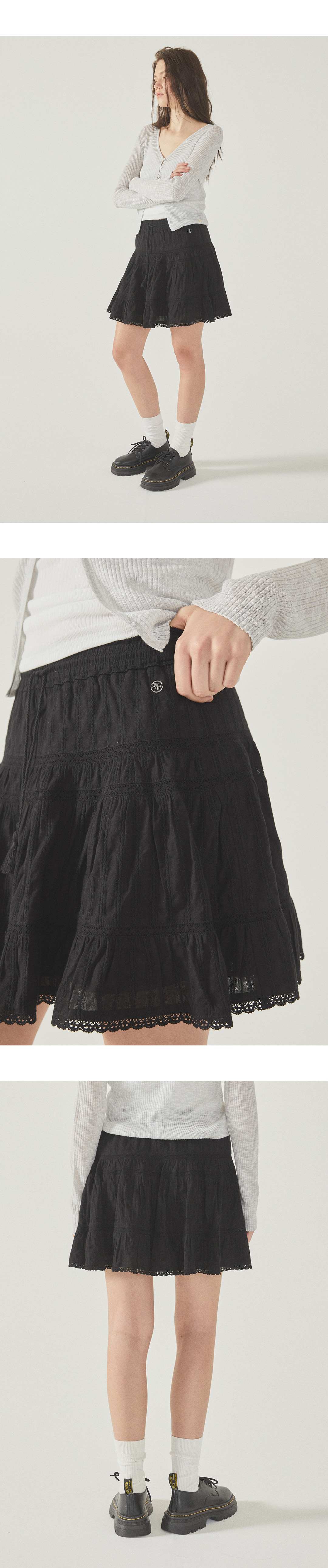 【韓国WHO.A.U フーアーユー】Short Tiered Skirt 韓国WHO.A.U フーアーユー】Stripe Tiered Short Skirt