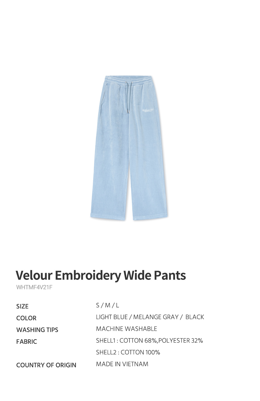 Velour Embroidery Wide Pants / WHTMF4V21F- 후아유