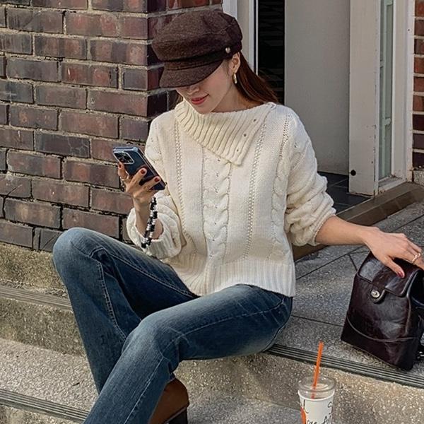 [기타 ]여성 겨울 네비즈 버튼 폴라 꽈배기 니트