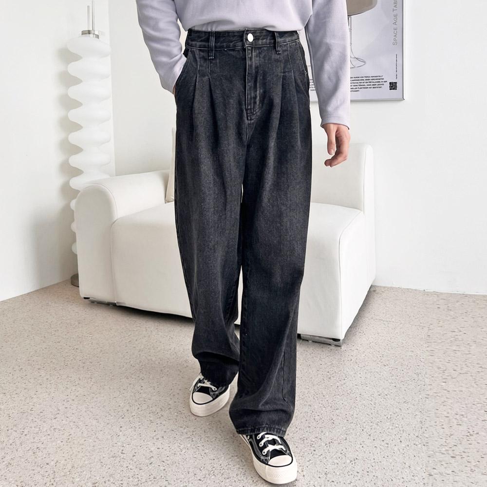 남자 투턱 와이드 흑청 데님 팬츠 데일리 바지- 이랜드몰