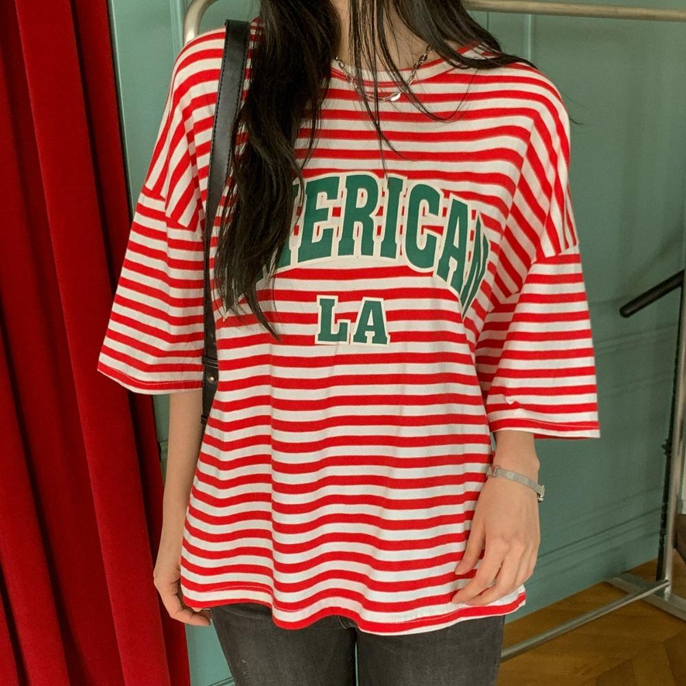 여성 여름 오버핏 스트라이프 레터링 예쁜 반팔 티셔츠- 이랜드몰