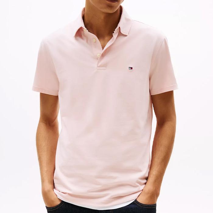 [해외] [타미힐피거]타미 남성 슬림핏 저지 니트 반팔 카라티 Whimsy Pink